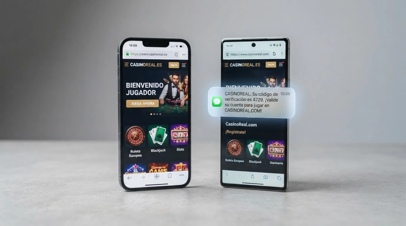 Dos pantallas de móvil una al lado de la otra: a la izquierda un casino con dominio .es y candado DGOJ, a la derecha un casino con dominio .com y el icono de pago SMS activo