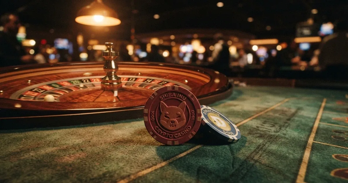 Moneda Dogecoin sobre una mesa de ruleta de casino online