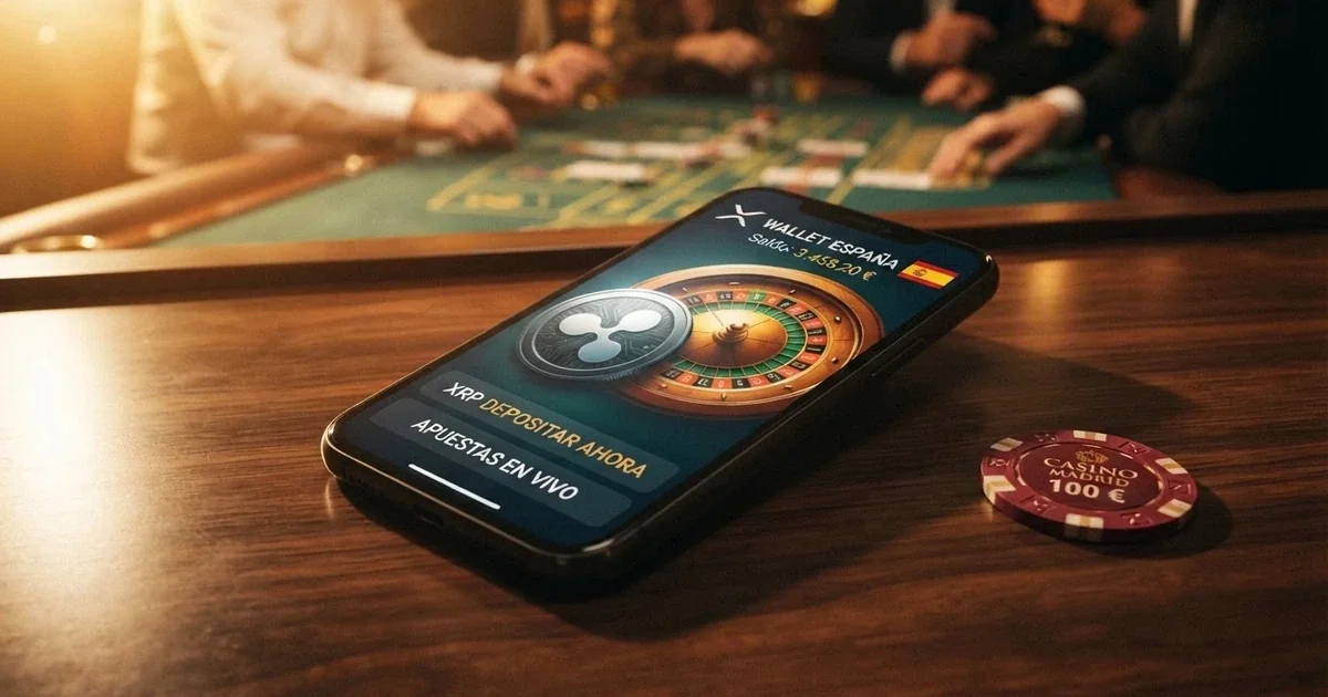 Cartera digital mostrando XRP junto a una ruleta de casino en una pantalla, con la bandera española visible en la interfaz