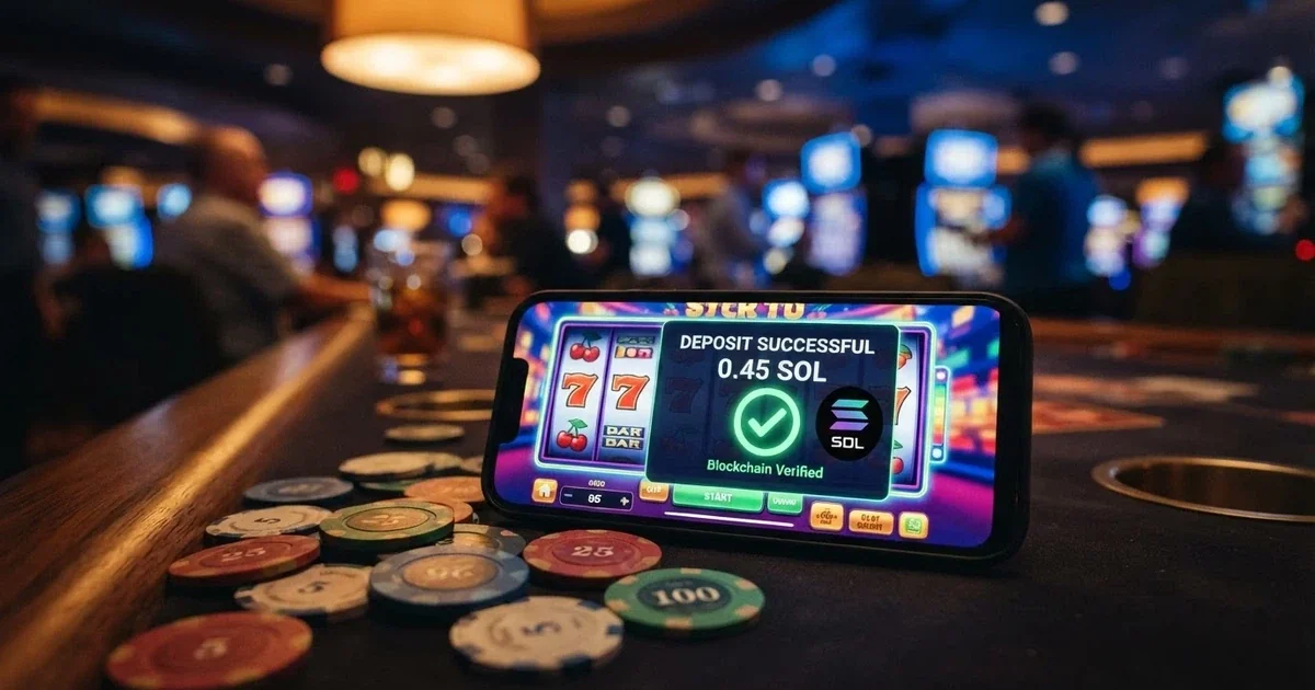 Pantalla de un casino online que muestra el logotipo de Solana como método de pago junto a fichas de juego