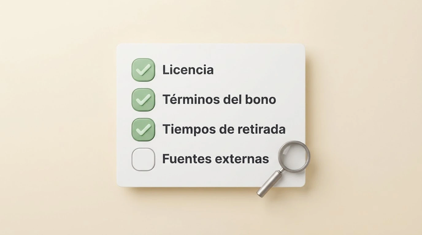 Una lista de verificación con cuatro casillas: licencia, términos del bono, tiempos de retirada y fuentes externas, con tres marcadas en verde