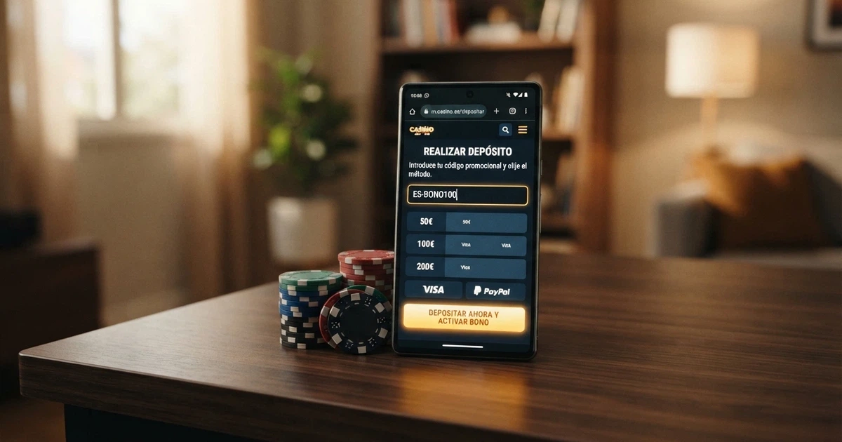 Pantalla de un casino online español mostrando el campo de inserción del código promocional en el cajero de depósito, junto a iconos de bonos y el dominio .es en la barra del navegador