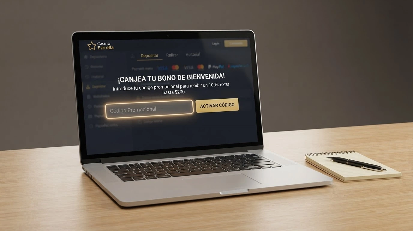 Interfaz de cajero de casino online español con el campo «código promocional» resaltado y un recuadro de verificación de cuenta completada