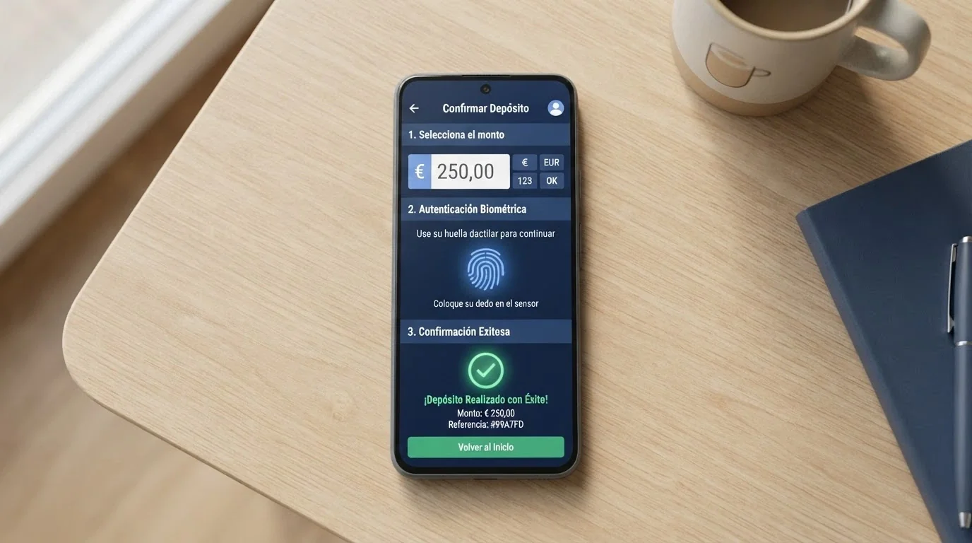 Pantalla de móvil mostrando los pasos de un depósito: selección de importe, autenticación por huella y confirmación en la app CaixaBank Pay