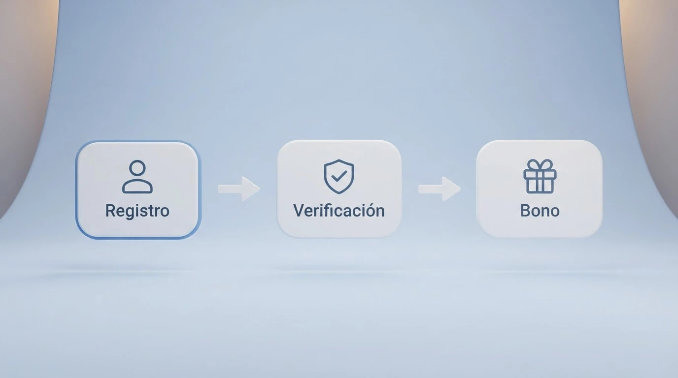 Infografía de tres pasos: registro, verificación de cuenta y activación del bono sin depósito, con iconos para cada fase