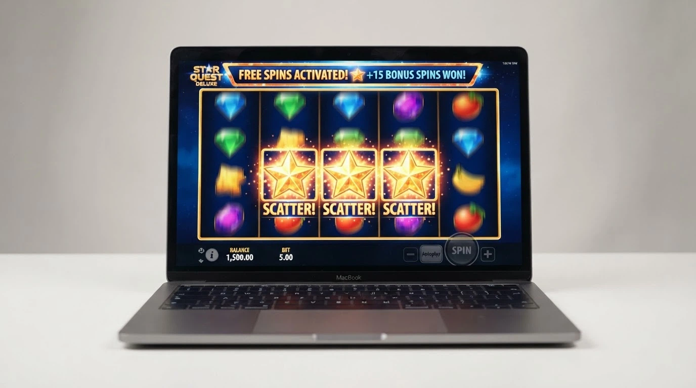 Interfaz de una tragamonedas online con el símbolo scatter destacado y tres o más scatters alineados activando la pantalla de ronda de bonus
