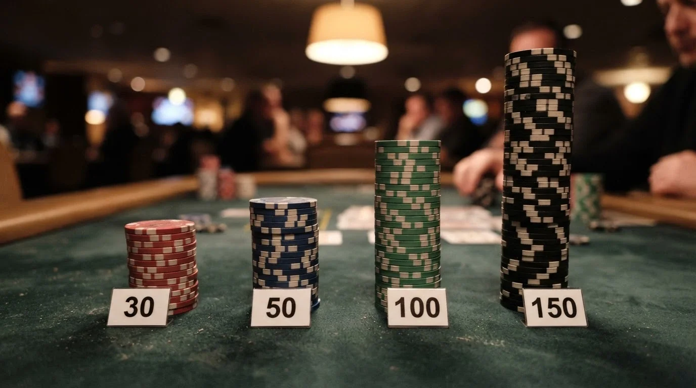 Cuatro montones de fichas de casino de tamaños crecientes etiquetados 30, 50, 100 y 150 sobre una mesa de juego