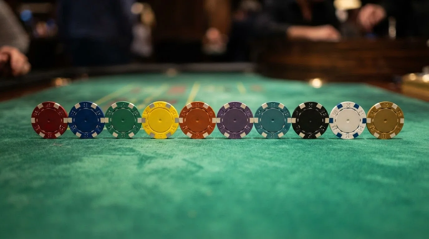 Varias fichas de casino alineadas sobre una mesa de juego virtual, cada una con el logo de un operador diferente con dominio .es