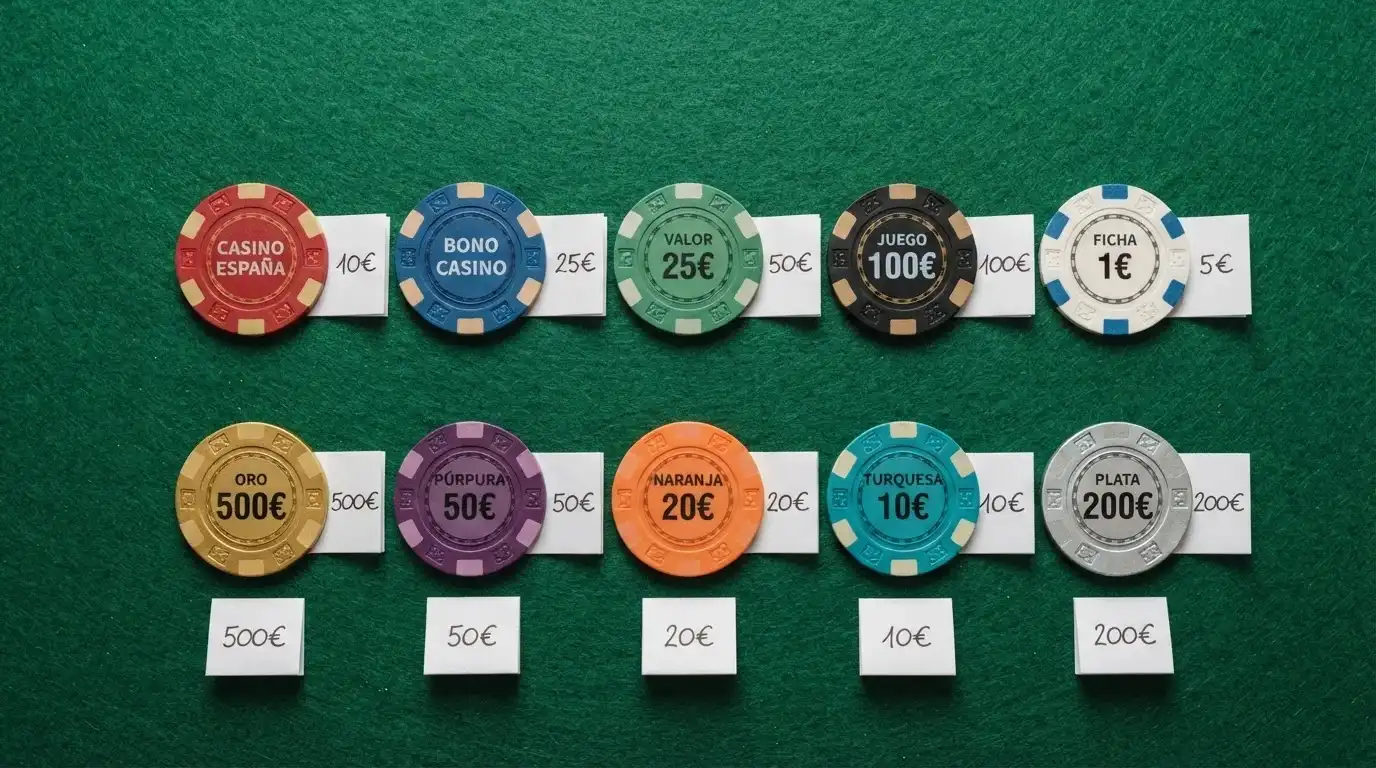 Una mesa con fichas de casino alineadas en filas, cada una de un color distinto y con un valor anotado