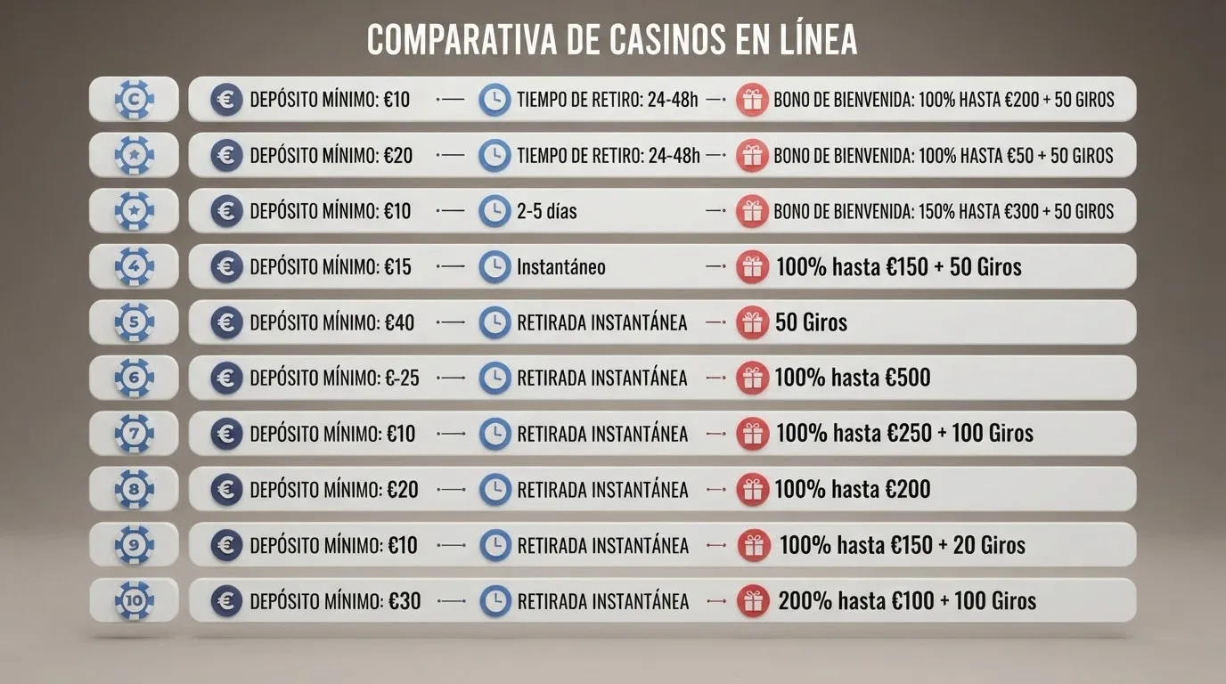 Tabla comparativa con los logotipos de los diez casinos online que aceptan Apple Pay, ordenados por puntuación, junto a iconos de depósito mínimo y tiempo de retirada