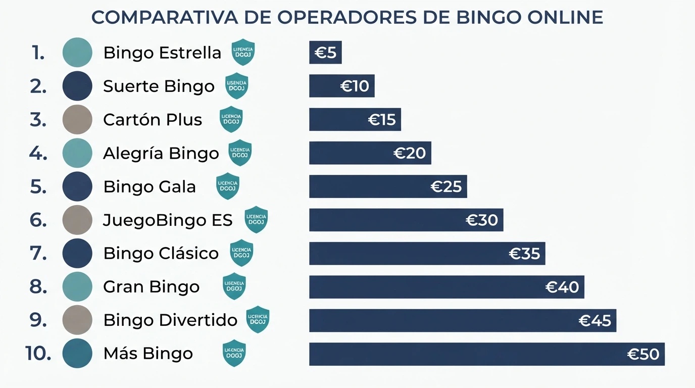 Una tabla comparativa con los logotipos de los diez operadores analizados, sus licencias DGOJ y los valores de sus bonos de bienvenida
