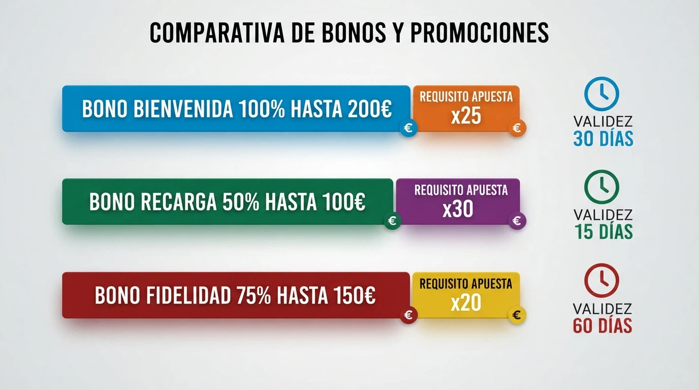 Una tabla comparativa con logotipos de casinos y cifras de bono, rollover y validez alineadas