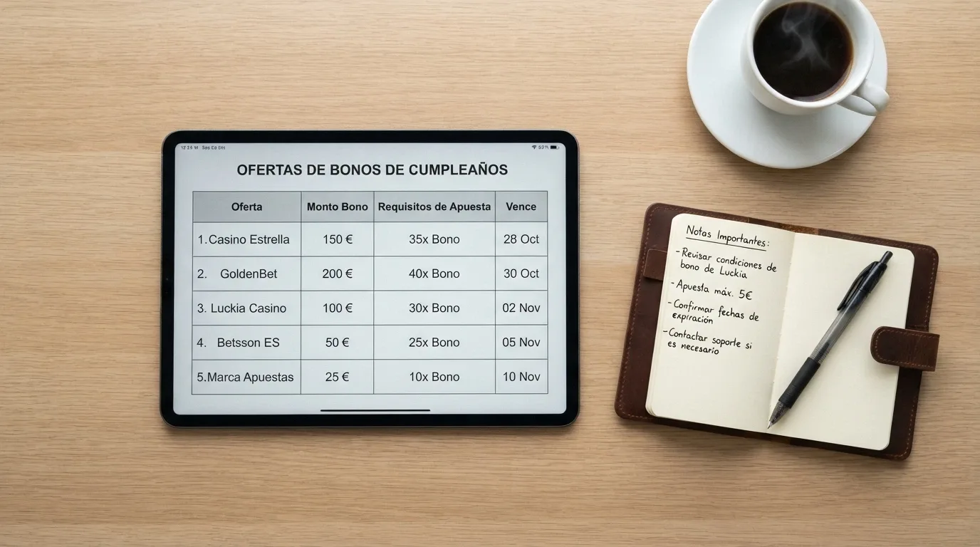 Vista cenital de un escritorio con una tableta mostrando una comparativa de operadores, un café al lado y una libreta con anotaciones sobre bonos