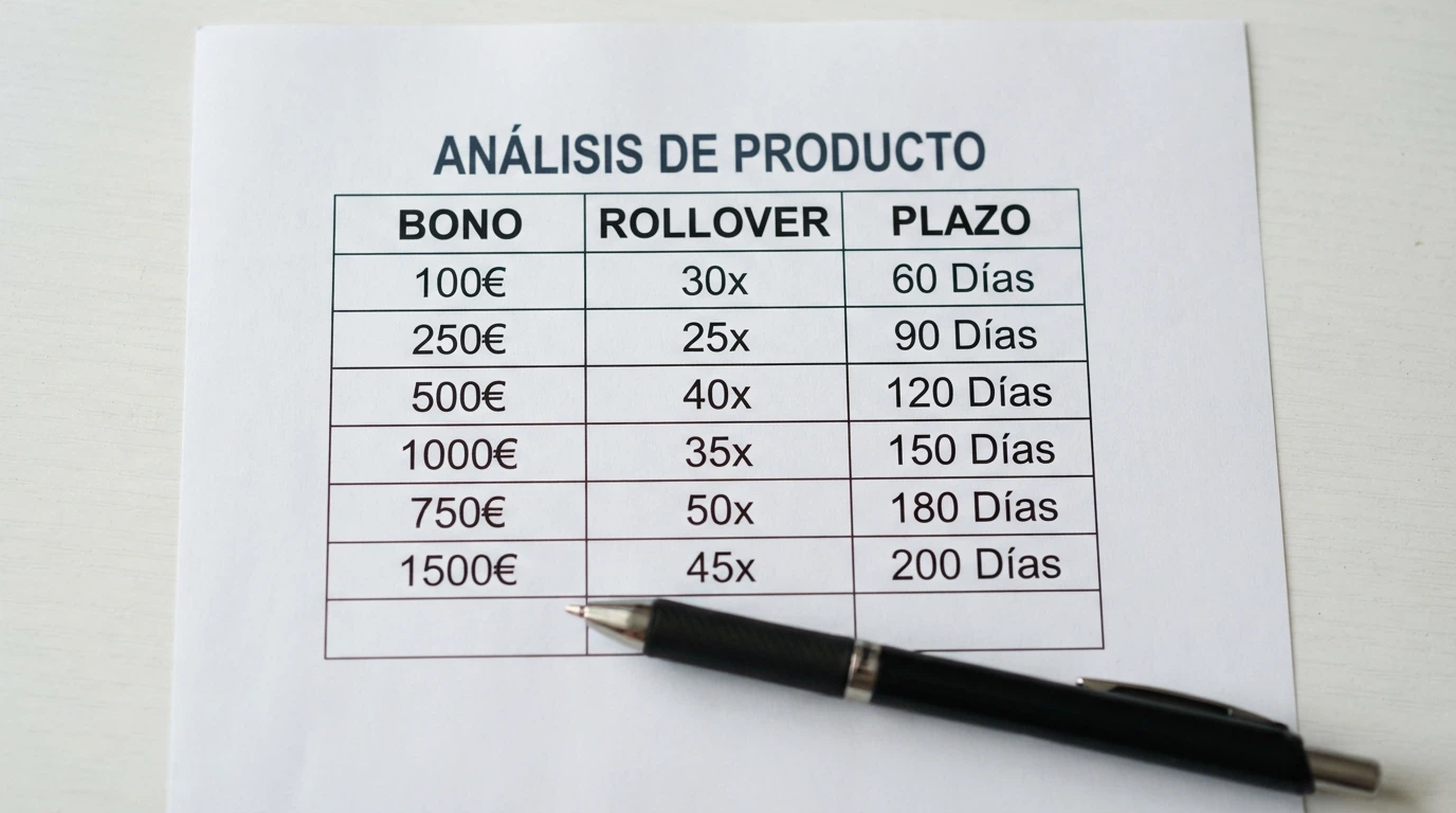Vista parcial de una tabla comparativa de casinos con columnas de bono, rollover y plazo, con varios operadores listados
