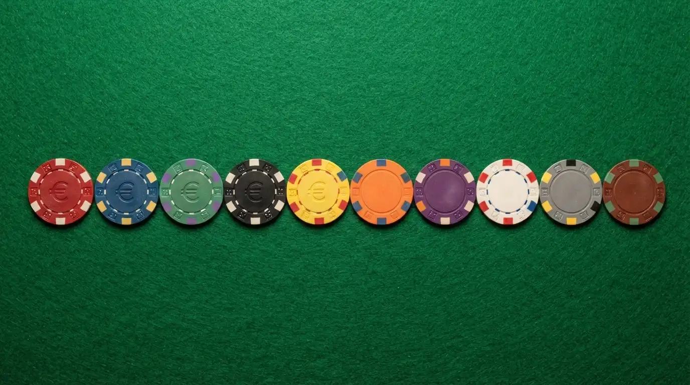 Una mesa con diez fichas de casino alineadas, cinco de ellas con una moneda de 1 euro encima y las otras cinco con la moneda tachada o ausente
