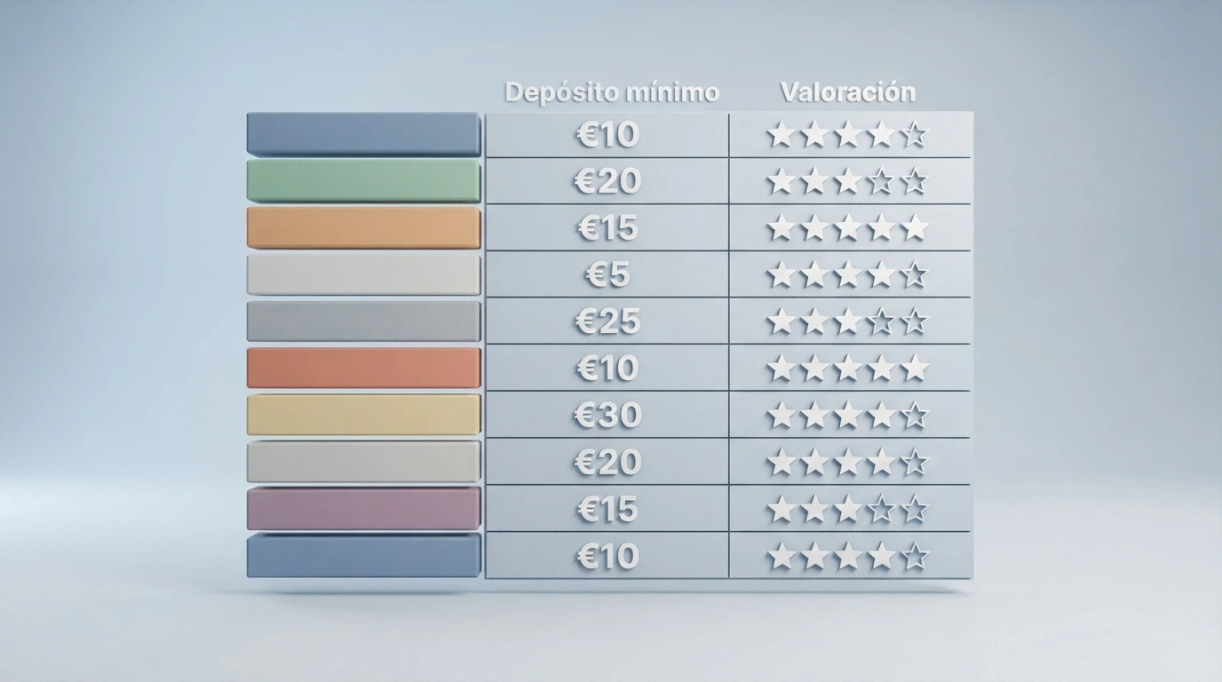 Una tabla con los logotipos de varios casinos online españoles ordenados junto a cifras de depósito mínimo y estrellas de valoración