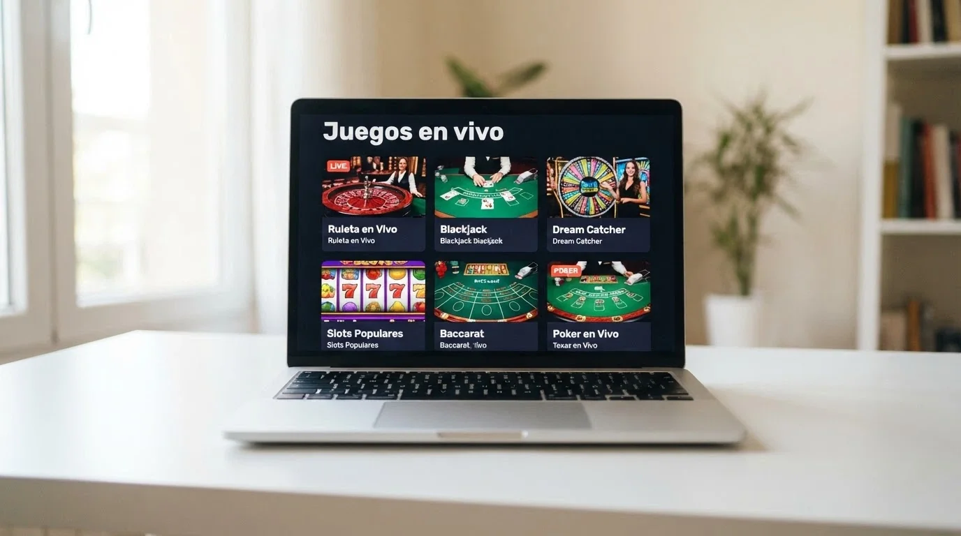 Interfaz de casino online español mostrando el vestíbulo de juegos de Evolution Gaming con miniaturas de ruleta, blackjack y game shows