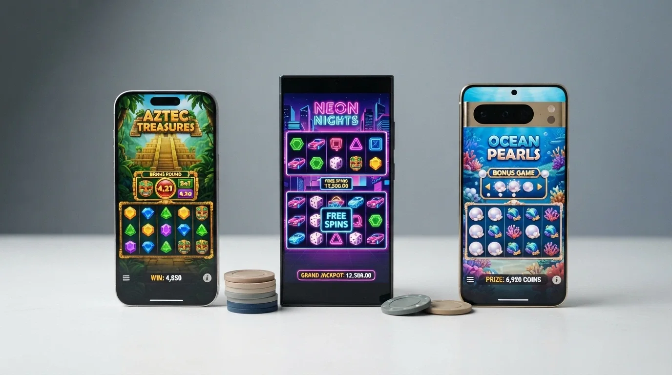 Varias pantallas de móvil alineadas mostrando las interfaces de distintas apps de casino con licencia DGOJ