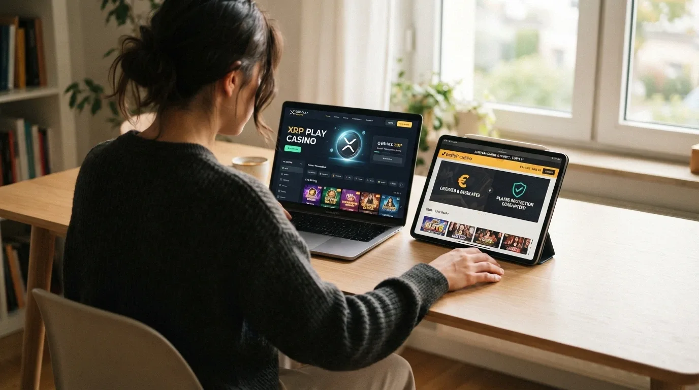 Tabla comparativa con las columnas de licencia, aceptación de XRP, bono de bienvenida y tiradas gratis para diez operadores