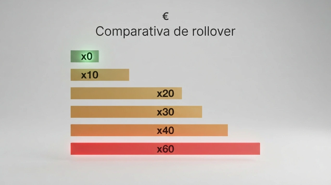 Una tabla comparativa muestra varios logotipos de casinos junto a sus multiplicadores de rollover, del x0 al x60.