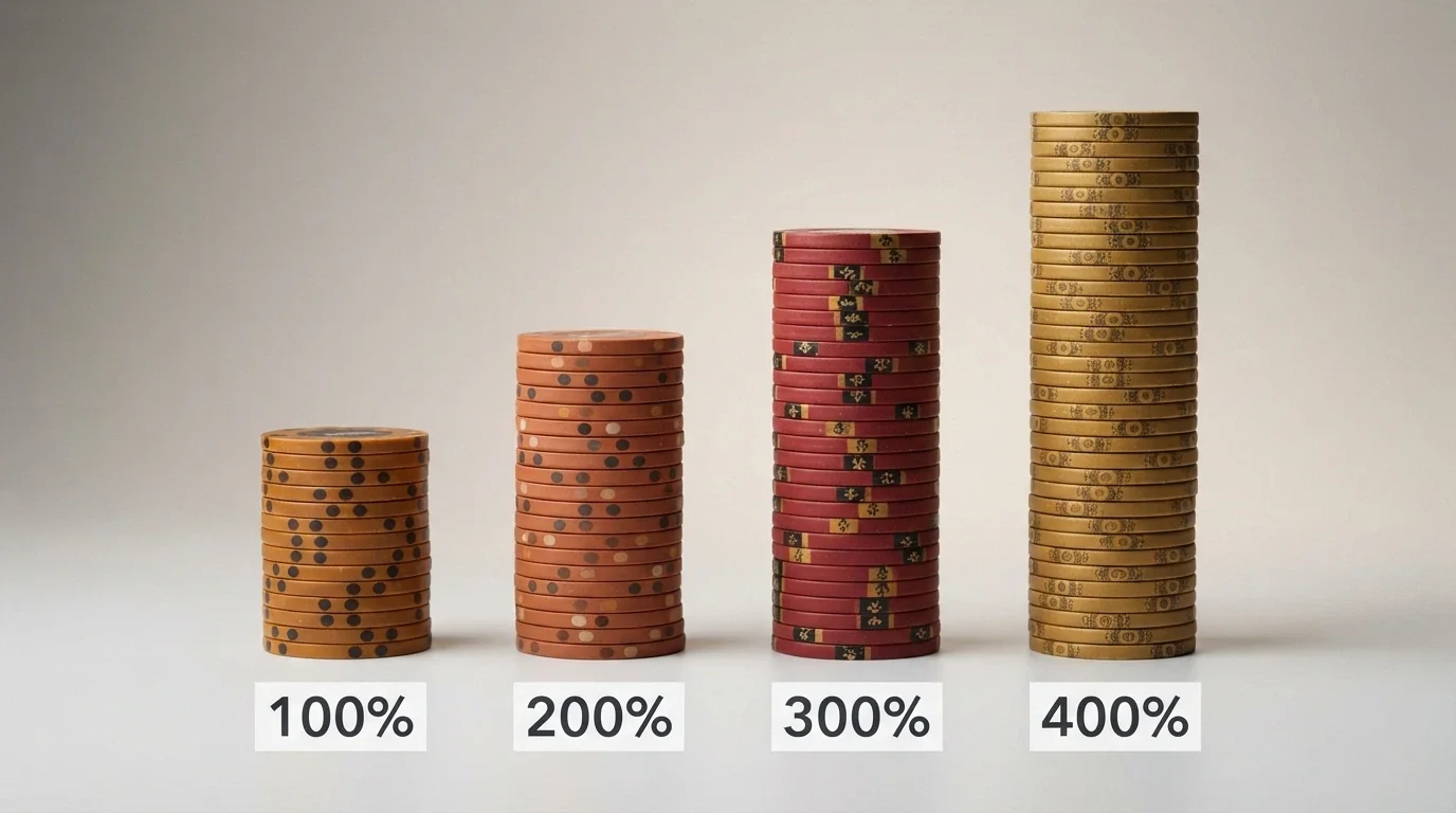 Cuatro columnas con monedas apiladas en altura creciente mostrando la progresión de un 100%, 200%, 300% y 400% de bonificación