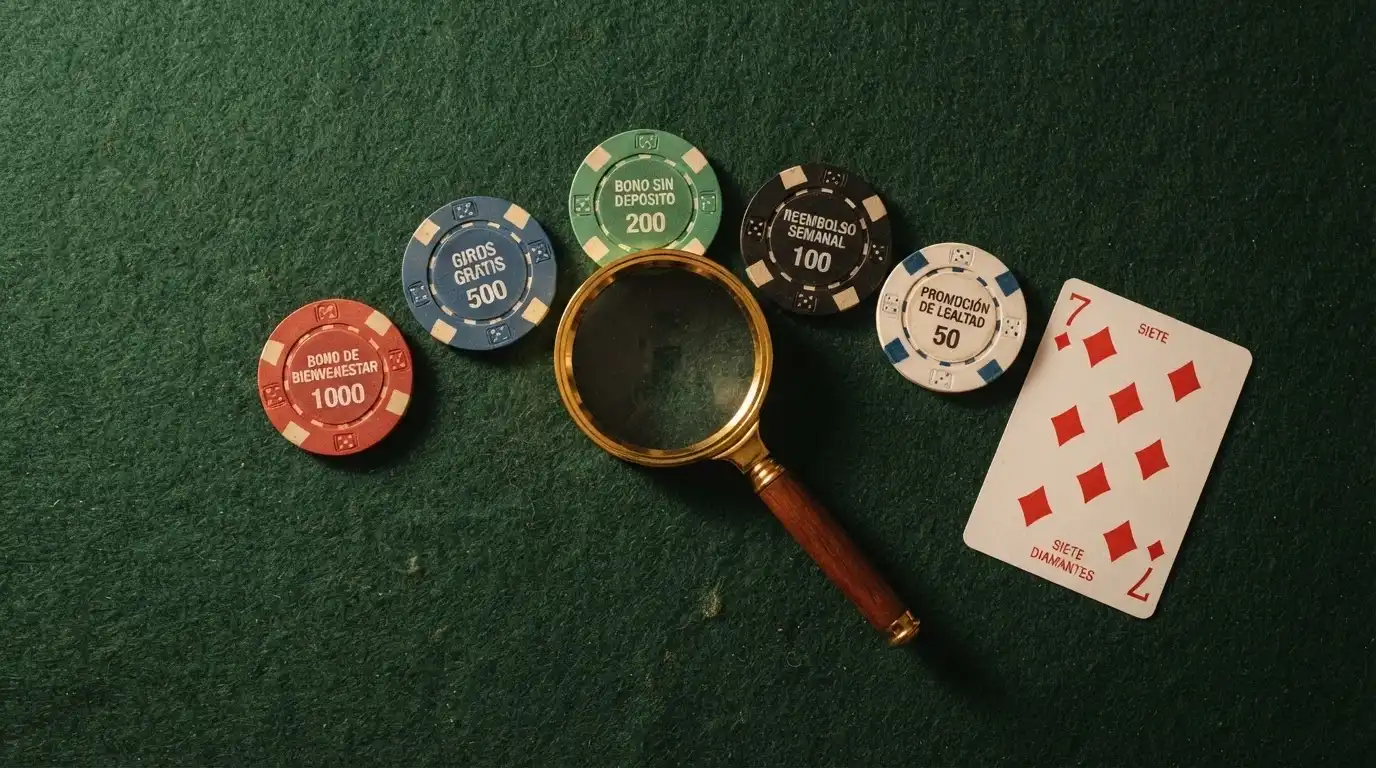 Diferentes fichas de bono de casino sobre una mesa con una lupa sobre las condiciones