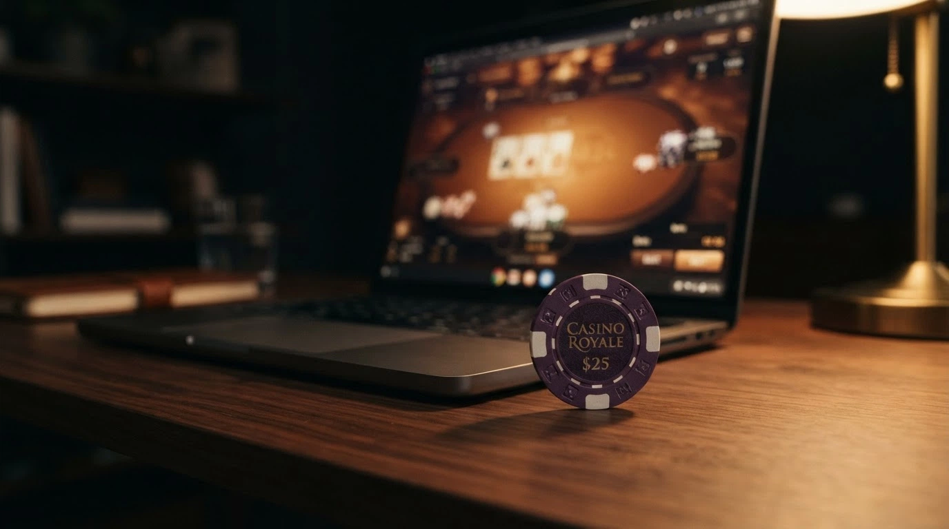 Moneda de Cardano ADA sobre un escritorio con un ordenador mostrando un casino online