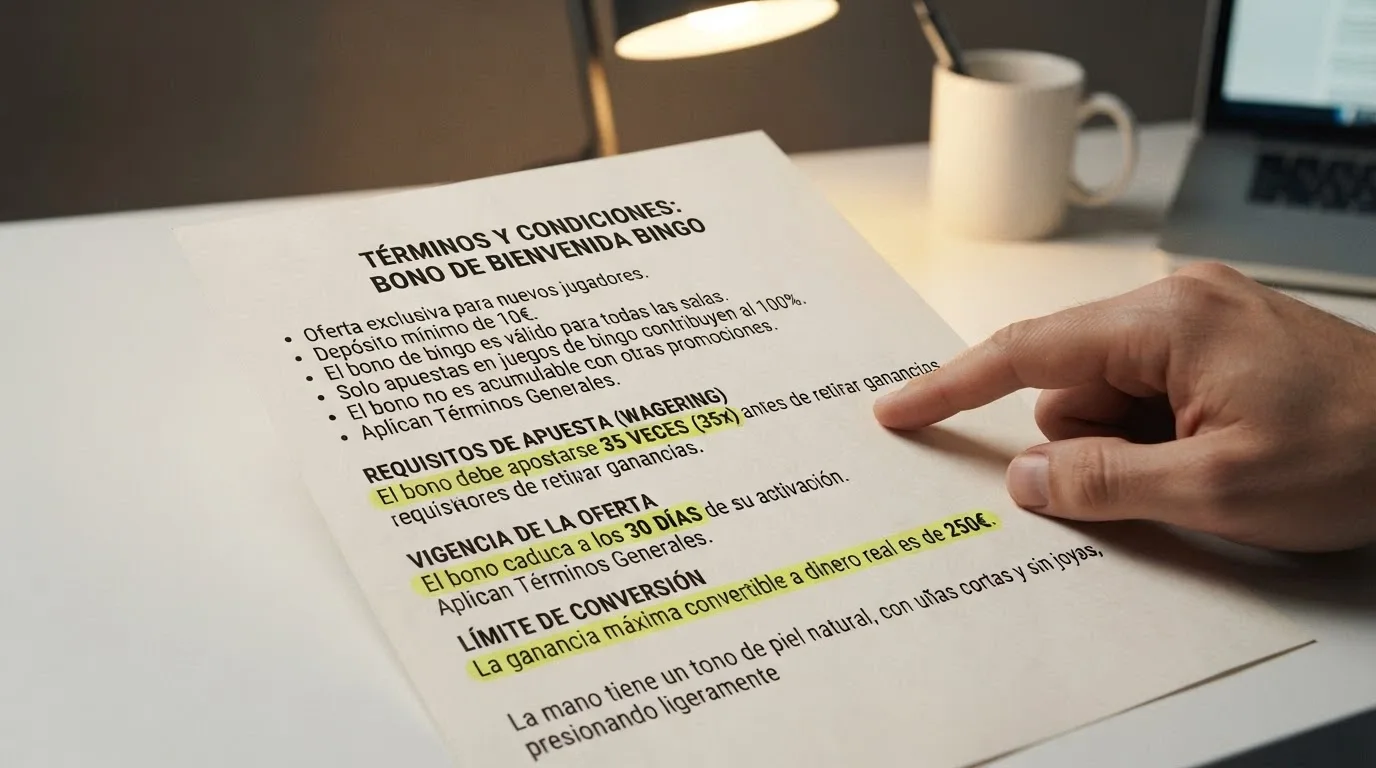 Primer plano de la sección de términos y condiciones de un bono de bingo online, con el requisito de apuesta, la fecha de caducidad y el límite de conversión subrayados