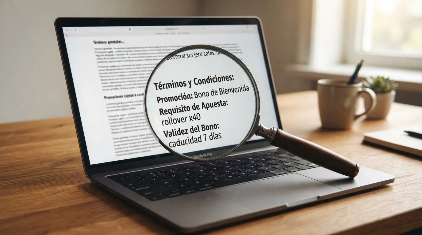 Una lupa sobre la letra pequeña de un bono de bienvenida en la pantalla de un ordenador, con los términos «rollover x40» y «caducidad 7 días» resaltados