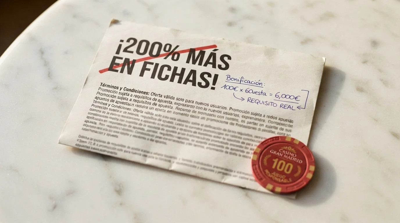 Primer plano de la letra pequeña de unos términos de bono: un 200% de bonificación tachado y al lado la cifra real tras aplicar el requisito de apuesta