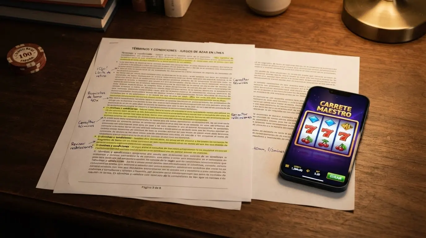 Primer plano de los términos y condiciones de un bono de casino resaltados con un subrayador sobre papel, junto a un móvil con la pantalla de una slot