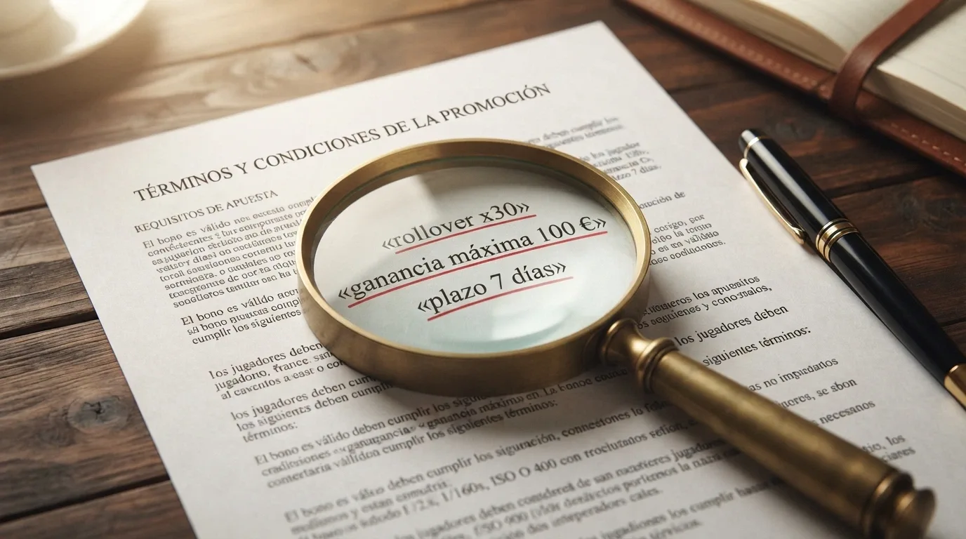 Una lupa sobre un documento de términos y condiciones de un bono de casino, con las palabras «rollover», «ganancia máxima» y «plazo» subrayadas
