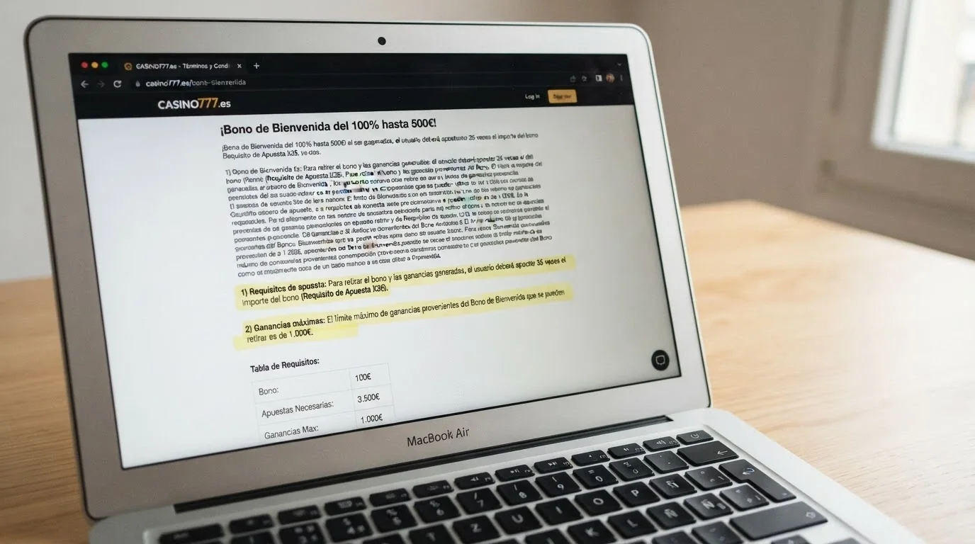 Primer plano de los términos y condiciones de una promoción de tiradas gratis en la web de un casino español, con los apartados de rollover y ganancias máximas subrayados