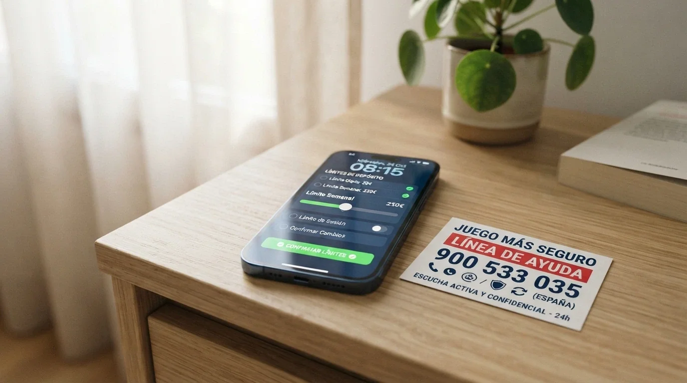 La pantalla de configuración de límites de depósito de un casino online, con un teléfono de ayuda visible