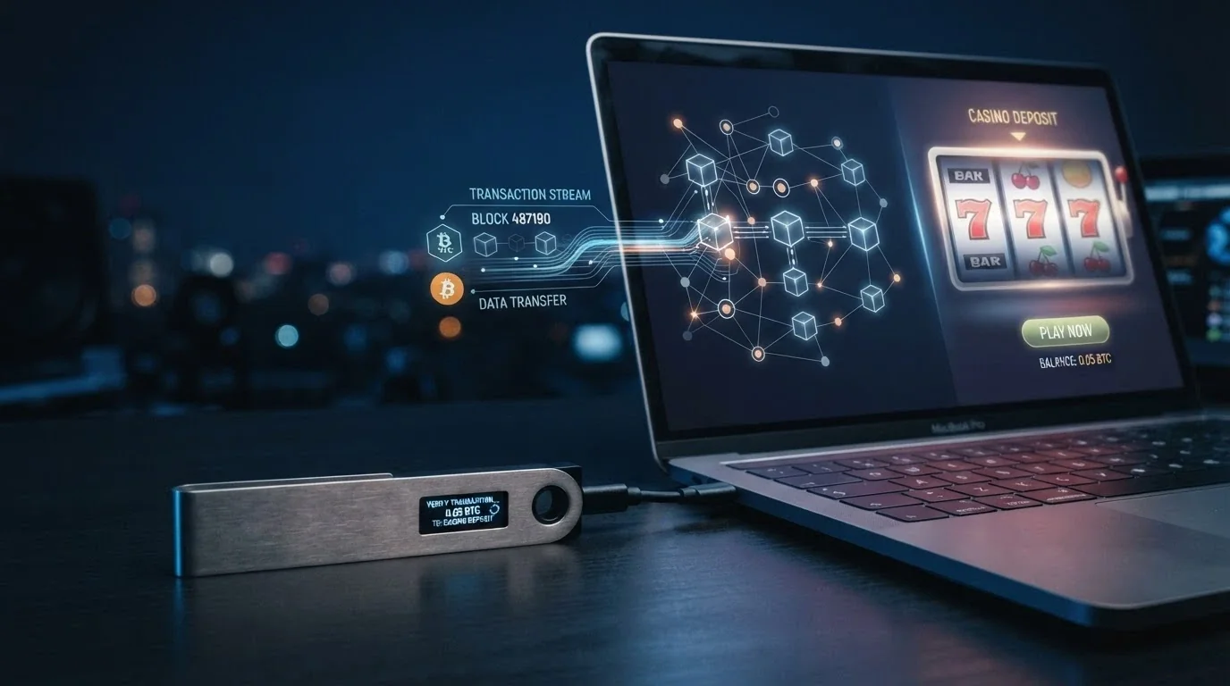 Un monedero físico de bitcoin junto a una pantalla que muestra una transacción en blockchain y la interfaz de un casino online