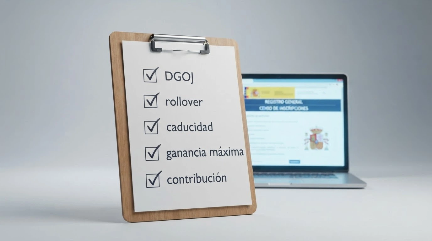 Lista de verificación con cinco casillas marcadas: licencia DGOJ, rollover, caducidad, ganancia máxima y contribución de slots, sobre un fondo de pantalla con el registro oficial