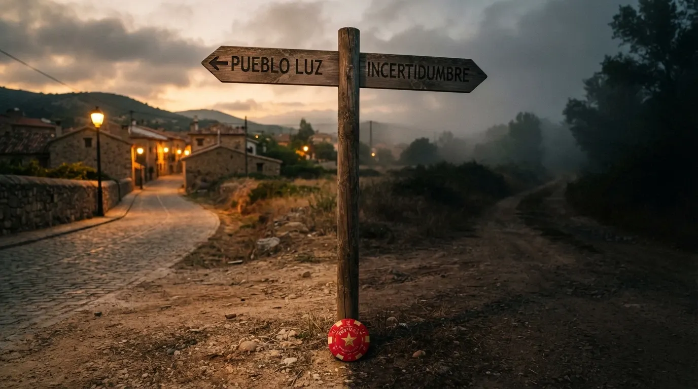 Un cruce de caminos con dos señales direccionales: la de la izquierda pone «protección DGOJ — límites legales», la de la derecha «sin restricciones — sin red de seguridad»