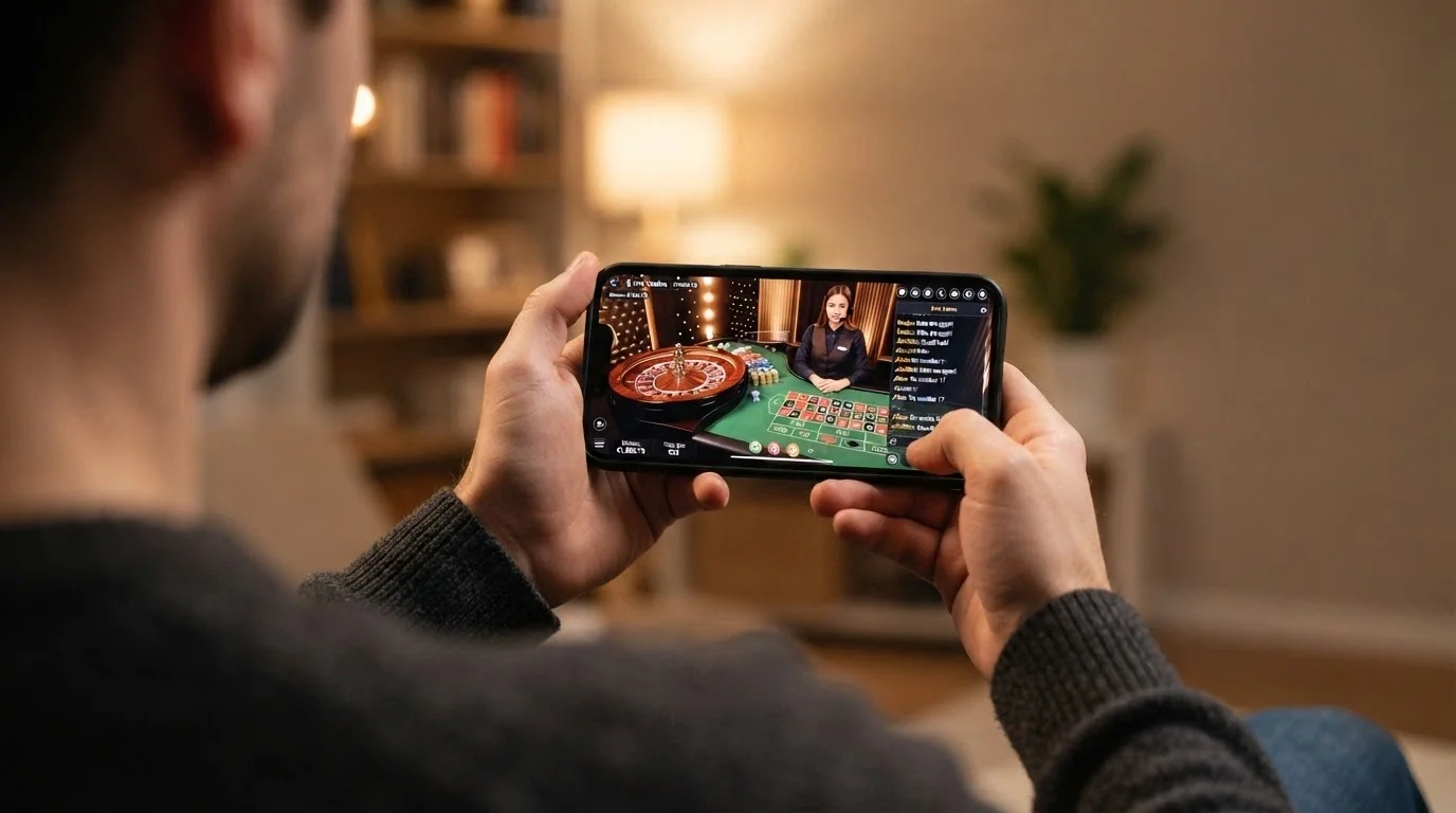 Un crupier real transmitiendo una mesa de ruleta en directo vista desde la pantalla de un teléfono móvil