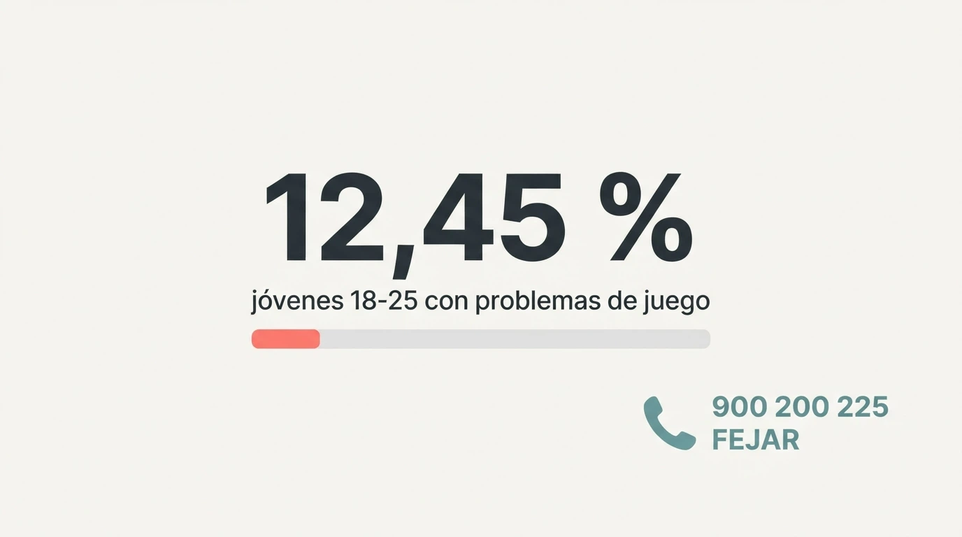 Gráfico con las cifras de prevalencia del juego problemático en España junto al teléfono 900 200 225 de FEJAR