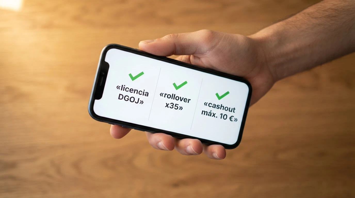 Una mano sujetando un móvil con la pantalla dividida en tres columnas: «licencia DGOJ», «rollover x35» y «cashout máx. 10€», con las tres marcadas con un check verde