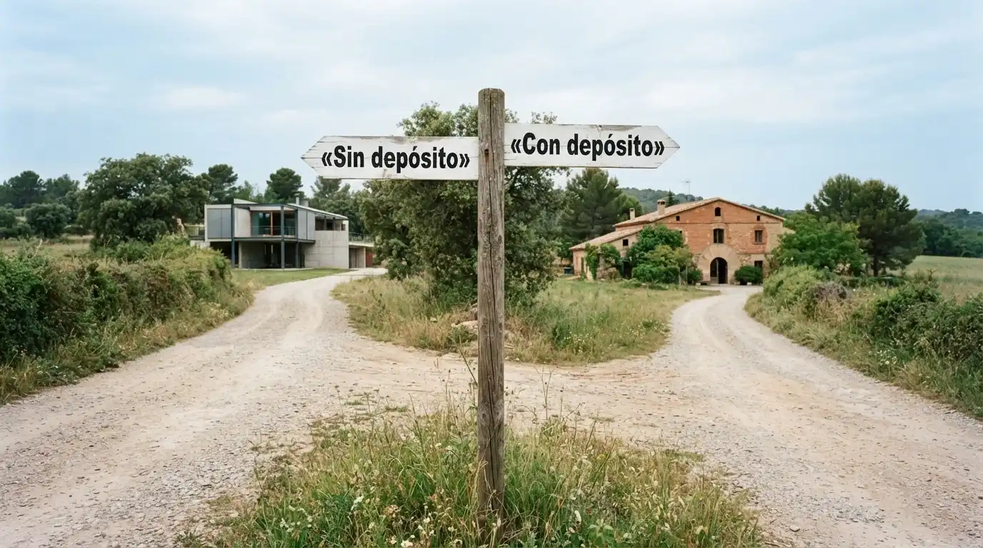 Dos caminos que se bifurcan en una carretera: un letrero indica «bono sin depósito» y el otro «bono de primer depósito», cada uno con un icono de casino diferente