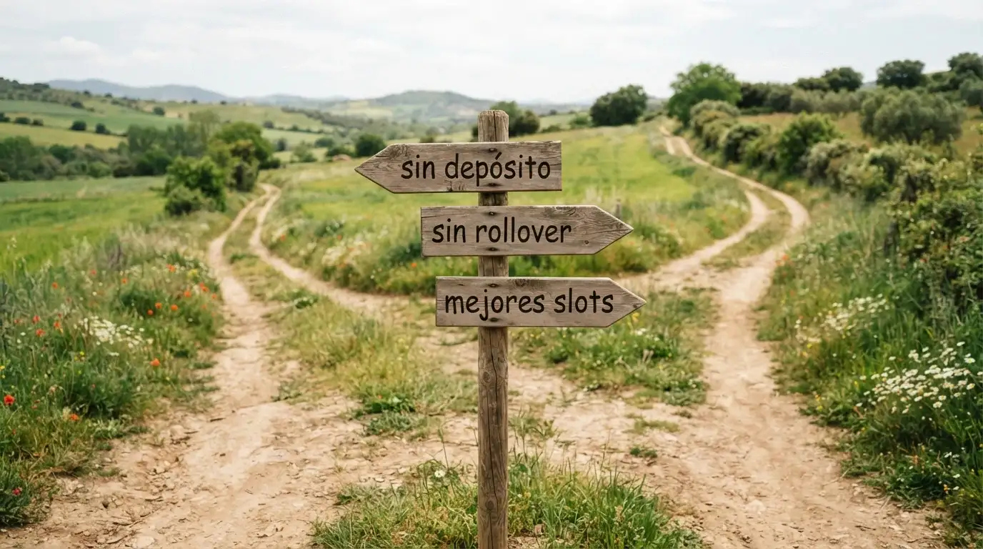 Un camino que se bifurca en tres direcciones con señales que representan «sin depósito», «sin rollover» y «mejores slots», cada una conduciendo a un icono de casino distinto.