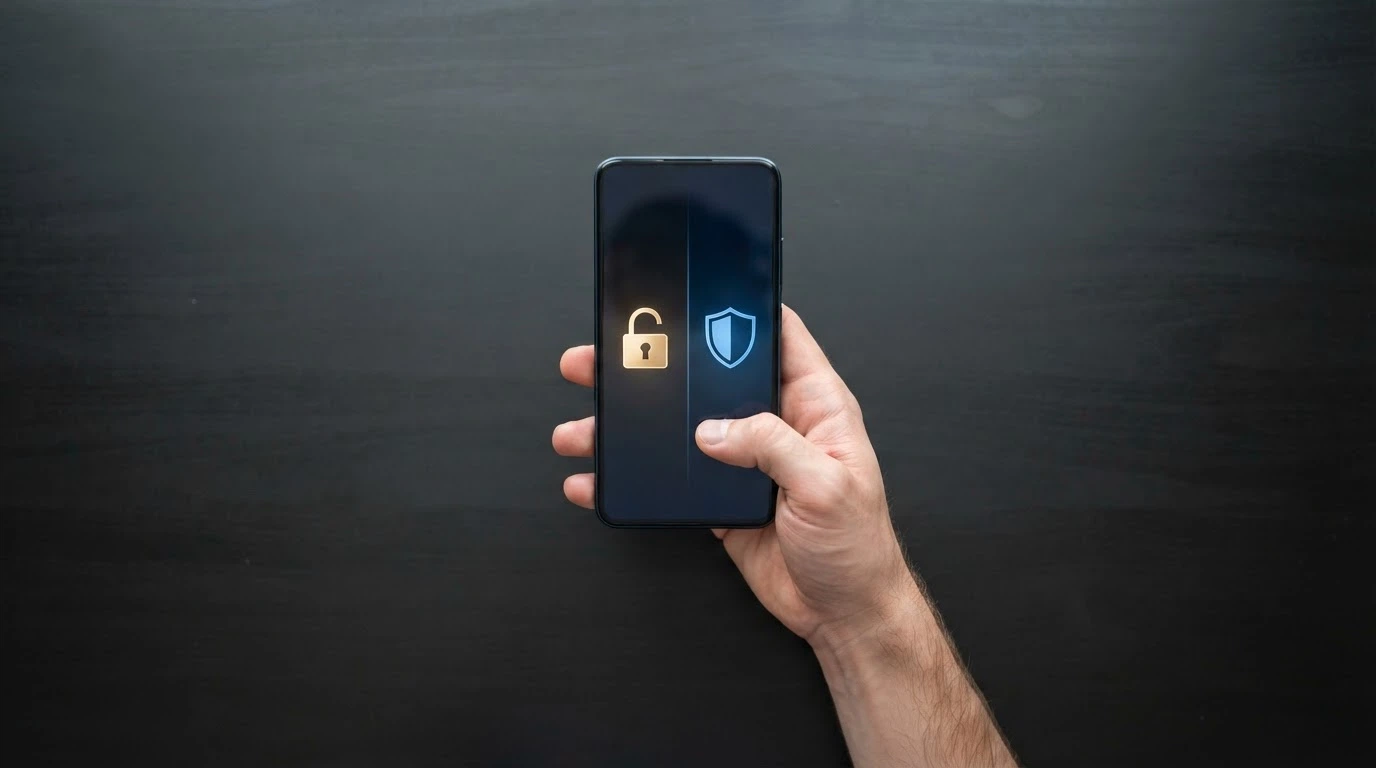 Mano sosteniendo un teléfono móvil con la pantalla dividida entre el icono de un candado abierto y el de un escudo