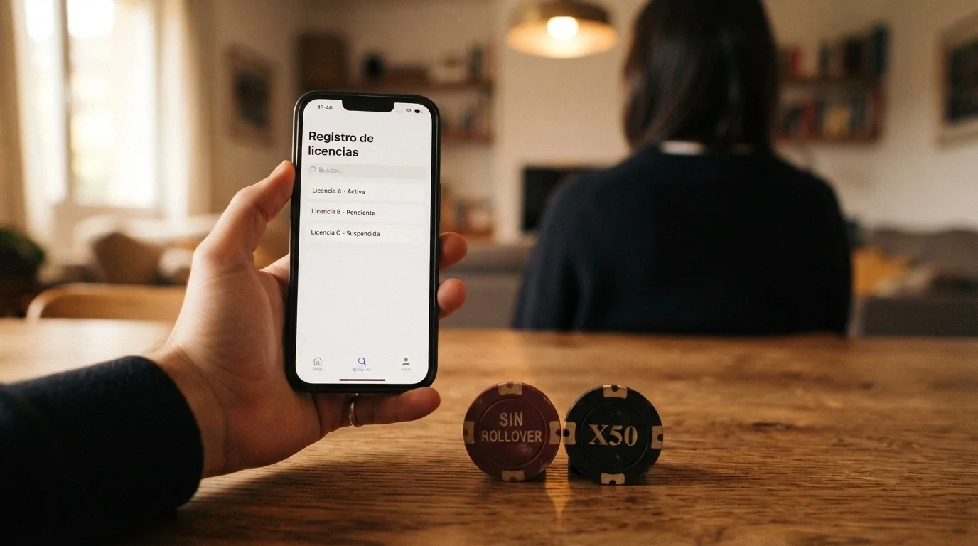 Un jugador compara dos fichas de bono sobre una mesa: una marcada «sin rollover» y otra con «x50», mientras sostiene un teléfono con el buscador de licencias DGOJ.
