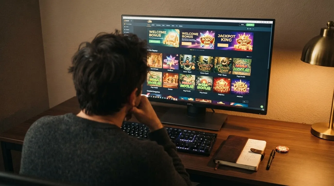 Jugador frente a la pantalla del ordenador comparando ofertas de casino online con gesto reflexivo
