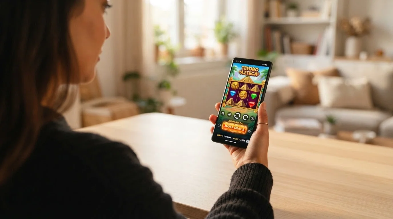 Pantalla de un móvil mostrando el modo demo de una slot BTG con el saldo de juego ficticio visible y la opción «jugar gratis» activa