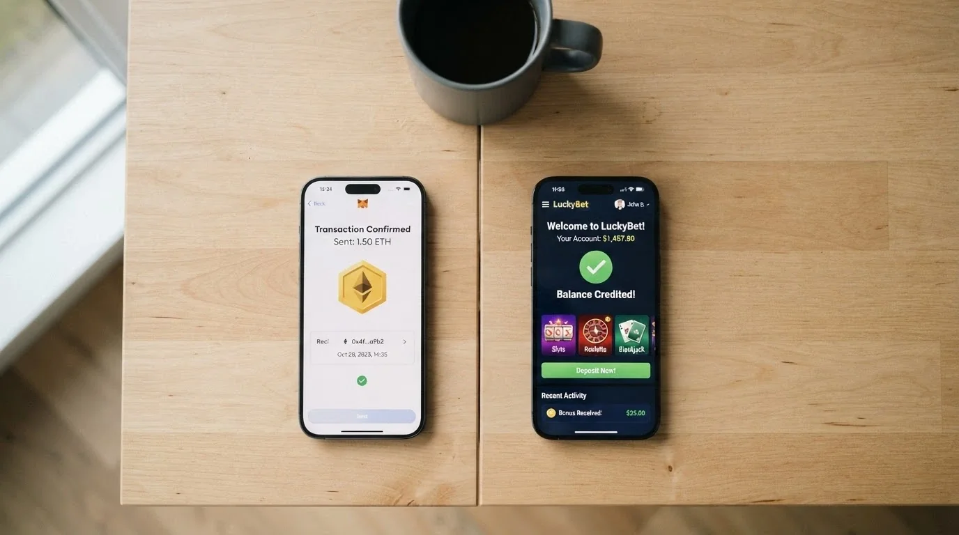 Pantalla dividida: a la izquierda una cartera de criptomonedas mostrando una transacción BNB en red BEP-20, a la derecha la interfaz de un casino reflejando el saldo acreditado