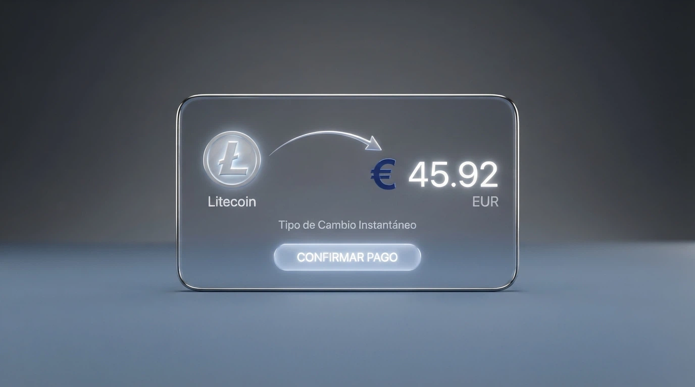 Interfaz de una pasarela de pago que muestra la conversión de Litecoin a euros en tiempo real, con el saldo en EUR reflejado en la cuenta del casino