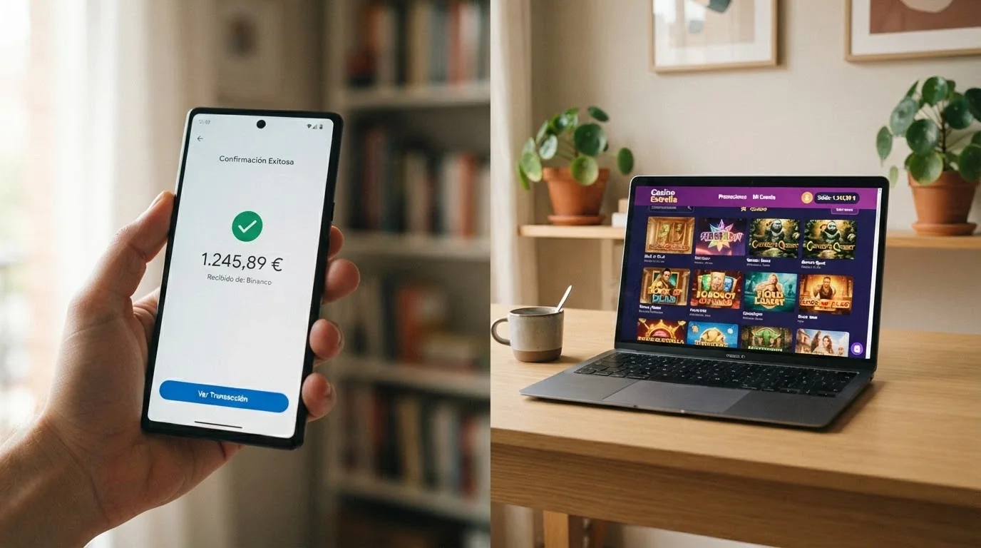Pantalla dividida: a la izquierda una wallet de cripto mostrando una transacción BCH saliente, a la derecha el saldo de un casino reflejando el depósito acreditado