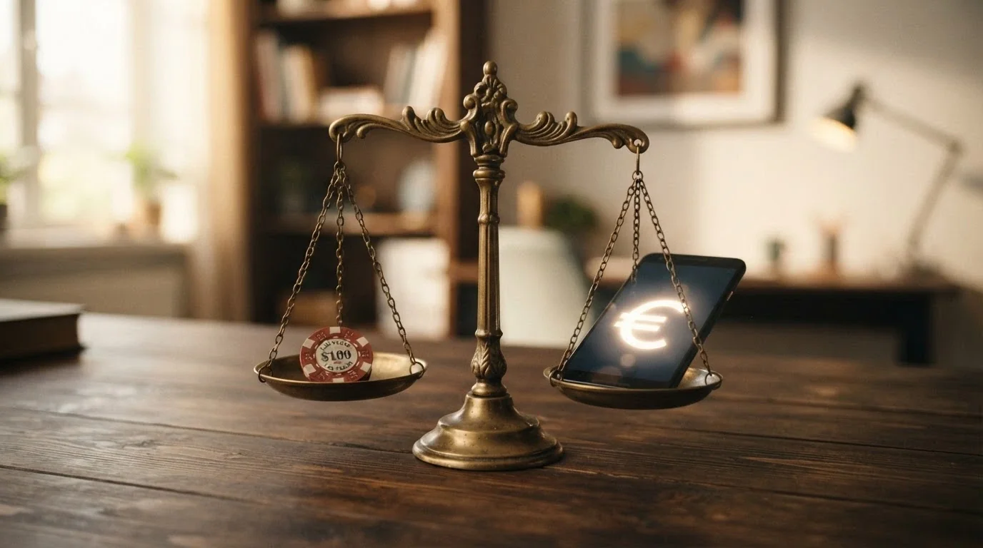 Balanza con el escudo de la DGOJ en un platillo y un monedero cripto en el otro